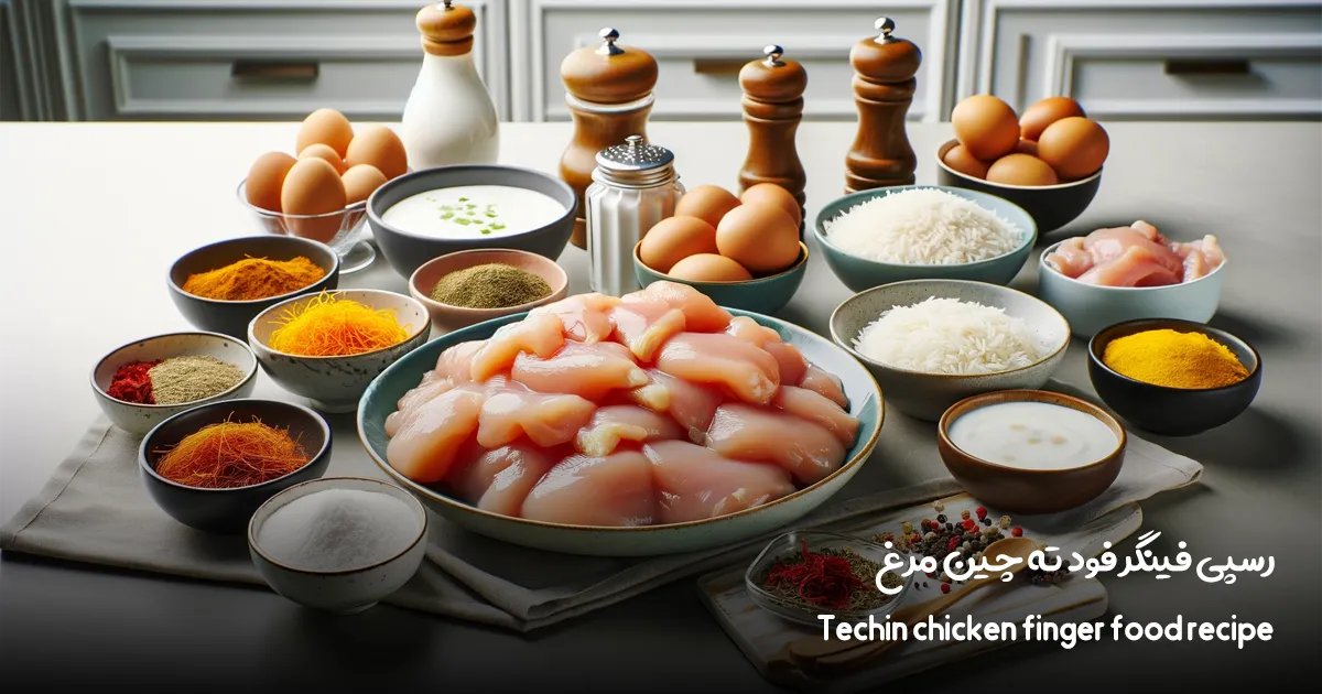 تصویر میزی که بر روی آن مواد لازم برای تهیه فینگر فود ته چین مرغ چیده شده است