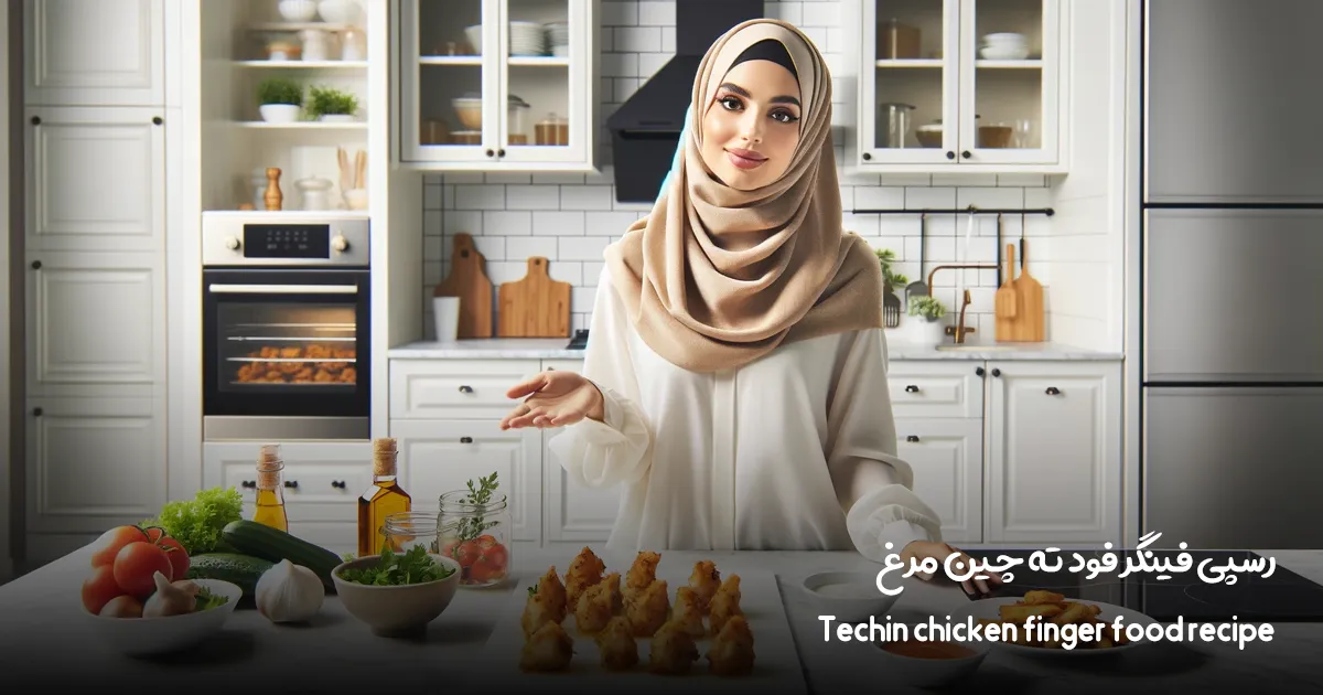 تصویر خانم زهره سریزدی که در حال آموزش فنون و تکنیک‌های تهیه فینگر فود ته چین مرغ در یک آشپزخانه سفید مدرن است